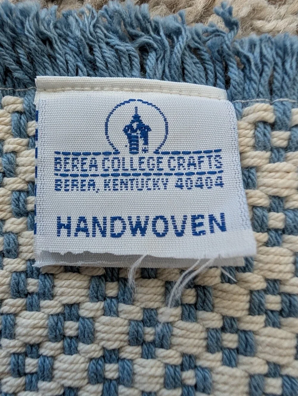 Handmade Berea College Crafts Blue and Cream Woven Table Place Mat with Fringe